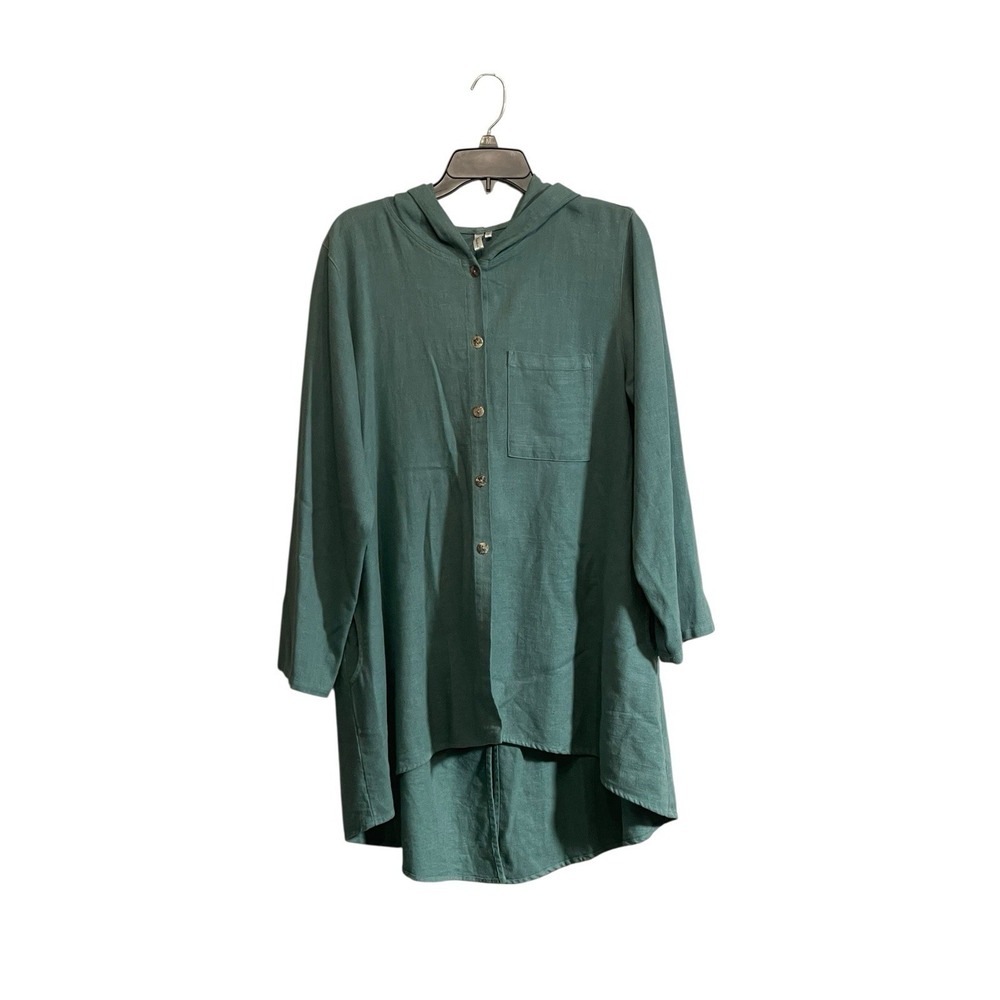 Kleen Small LInen Blend Tunic Top Button Front Pockets Long Lagenlook Minimal